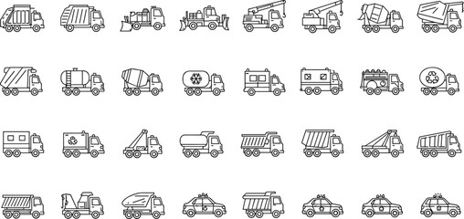 Collection of trucks and commercial vehicles icons, outline vector illustration for transportation, construction, cargo, and logistics graphic design