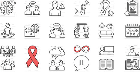Mental health and psychology icons set, outline vector illustration for counseling, autism, support groups, and awareness graphics