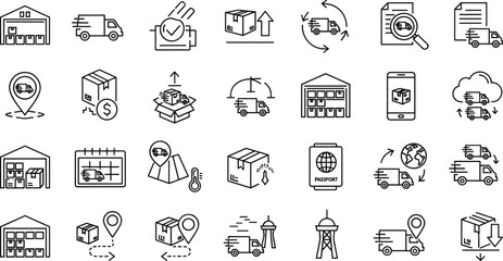 Shipping and delivery service icons set, outline vector illustration for logistics, transportation, e-commerce, and global distribution solutions