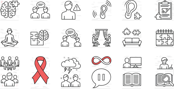 Mental health and psychology icons set, outline vector illustration for counseling, autism, support groups, and awareness graphics