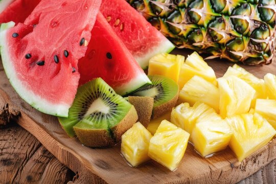 Slices of watermelon, kiwi, and pineapple are arranged on a wooden cutting board. The vibrant colors highlight the freshness of the fruit in a bright kitchen atmosphere.