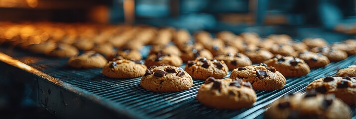 Freshly baked chocolate chip cookies cooling on a rack in a cozy bakery during the evening hours