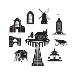 Fototapeta premium A silhouette set of vector houses and architecture illustrations depicting a town's buildings and home designs