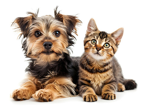 High resolution high clarity image of Cute pet friends adorable dog and tabby cat sitting together portrait isolated on transparent background, studio product photo on a clean white background, isolat