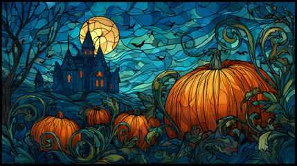 Stained-glass of dark Halloween scene with pumpkins and haunted gothic house under full moon