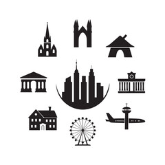 Fototapeta premium A set of silhouette house icons featuring various architecture including a castle, a church, and a tower, perfect for a fantasy village or city design