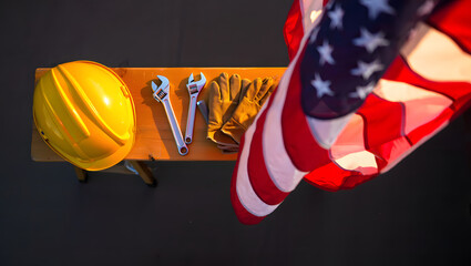 American Labor Day: Hard Hats, Wrenches, Work Gloves, and Flag Overhead.