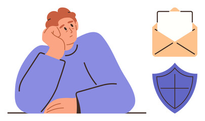Thoughtful individual resting head on hand, envelope representing communication, shield symbolizing security. Ideal for online safety, data protection, email privacy, decision-making, information