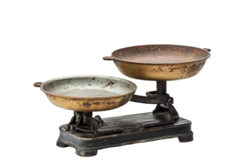 Vintage balance scale with two metal bowls isolated on transparent background