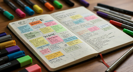 Open notebook with colorful notes and pens neatly arranged around it