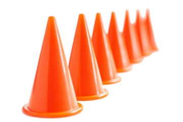 Row of six vibrant orange traffic cones lined up on transparent background
