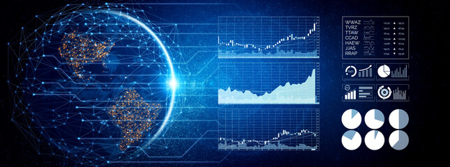 Dynamic illustration of a digital globe surrounded by data analysis graphs and metrics, perfect for representing global financial trends and analytics insights. Impute