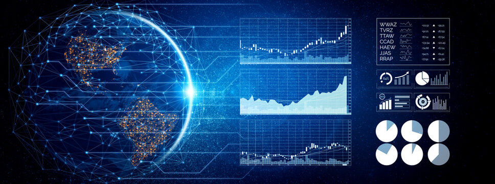 Dynamic illustration of a digital globe surrounded by data analysis graphs and metrics, perfect for representing global financial trends and analytics insights. Impute