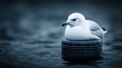 Seagull perched on oil-stained surface amid a tranquil water setting