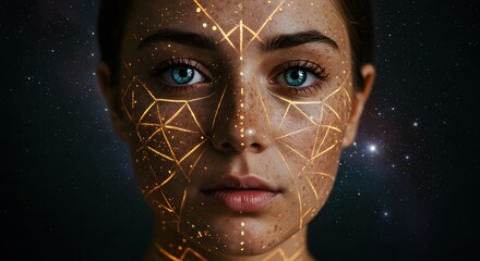 Closeup portrait of a young woman with intricate golden geometric patterns and cosmic elements on her face, conveying a sense of futuristic beauty and spirituality