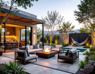 Fototapeta premium Cozy outdoor living space with fire pit and modern seating surrounded by greenery at dusk