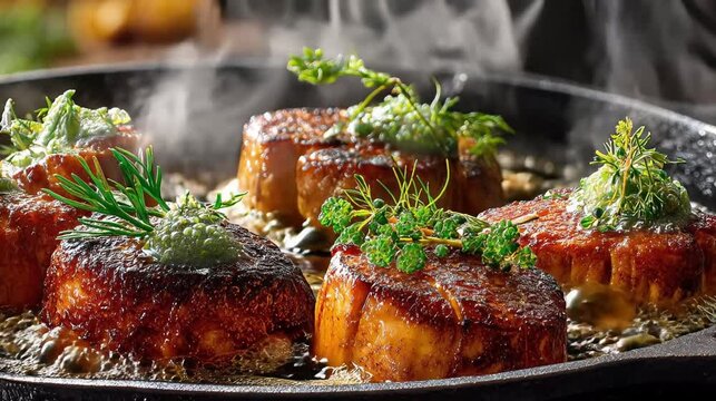 Lion&rsquo;s mane mushroom steaks sizzling in cast-iron pan, golden-brown crust glistening with bubbling herb butter, steam rising dramatically, rustic textures and vibrant green garnish creating gourmet ap