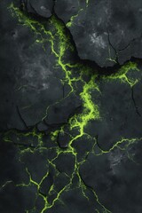 Dark cracked volcanic rock with glowing green lava veins spreading through deep fractures, evoking energy, chaos, and monstrous otherworldly power