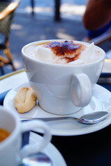 Appetizing Italian coffee drink cappuccino with lush milk foam on top and decorated with cocoa powder.