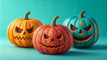 Title: Colorful halloween pumpkins with carved scary faces on turquoise background 
