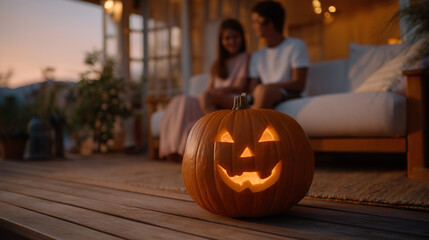 Obraz premium Family Pumpkin Carving on a Cozy Holiday Porch with Natural Light