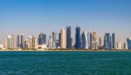 Fototapeta premium City skyline with modern skyscrapers by the water.