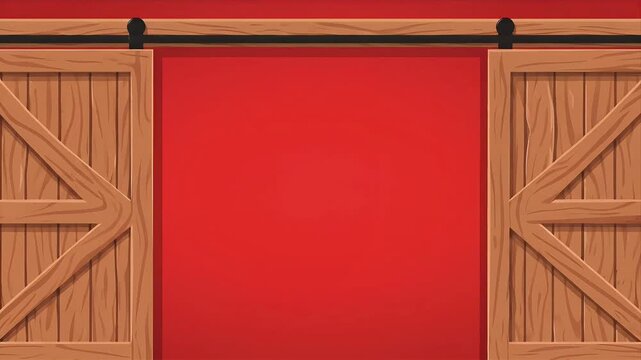 Rustic Wooden Barn Doors Sliding Open on Red Wall with Black Hardware.