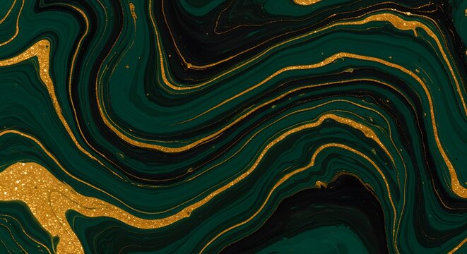 Elegant abstract emerald green and gold marble texture with swirling patterns and glitter, luxurious fluid art background