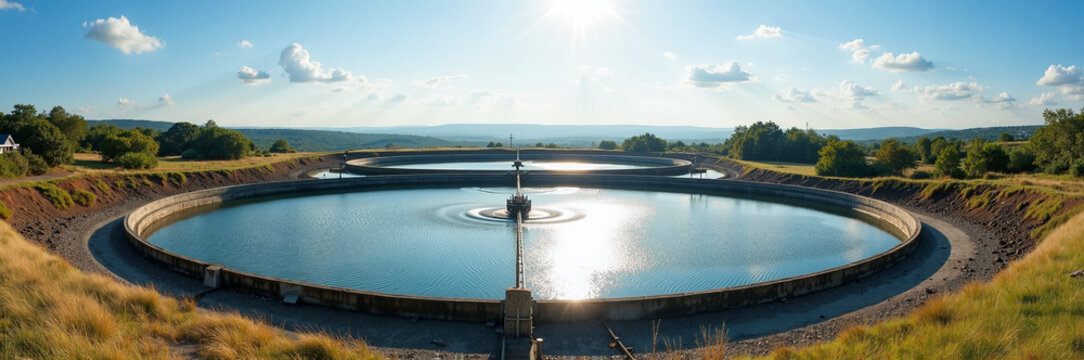 Water reservoir infrastructure with clean water storage. Modern water reservoir provides clean drinking water for city.  High-quality image of water reservoir for environmental reports, brochures,