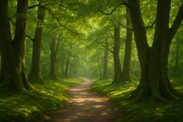 Obraz premium Narrow jungle path surrounded by tall trees and green plants