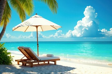 Obraz premium Two comfortable lounge chairs and umbrella, sunny beach setting , vacation, chairs