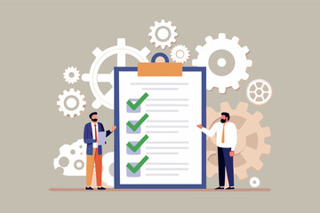 Completing the project checklist with mechanical precision ensuring efficiency and success flat