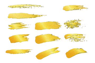 Shiny gold paint brush stroke line streak transparent PNG set bundle, isolated background. Luxury, art shape design