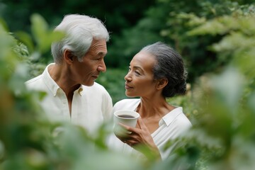 Elderly couple enjoying coffee together in garden setting
