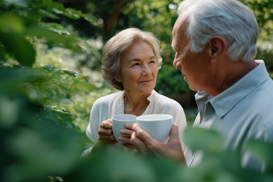 Elderly caucasian couple enjoying coffee together in garden setting