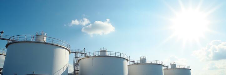 Obraz premium Industrial tanks under bright sky represent city communications systems, white tanks are illuminated by sunshine and blue sky. These tanks are used for oil and gas and other petrochemical products,