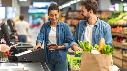 Happy Couple Paying for Groceries at Supermarket Checkout - Powered by Adobe
