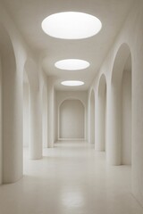 Fototapeta premium Minimalist white hallway with arched columns and circular skylights