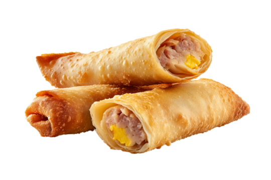 3 delicious egg rolls isolated on a white isolated on a transparent background in PNG format.
