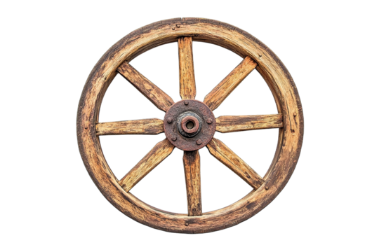 Weathered antique wooden wagon wheel with rusty hub on transparent background