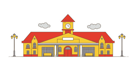 Naklejka premium Stylized flat vector illustration of a vibrant railway station building