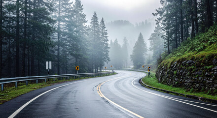 Misty Forest Road After Rain – Serene Curved Highway with Guardrails