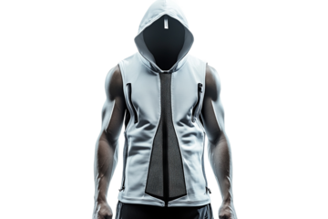 Muscular man in hoodie vest, fitness and health concept on transparent background