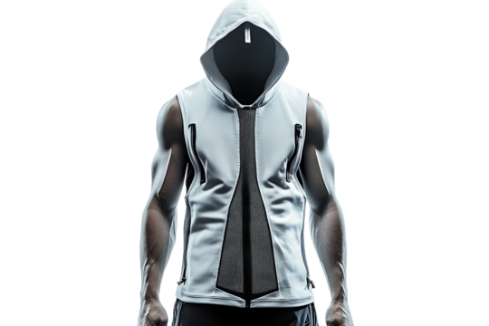 Muscular man in hoodie vest, fitness and health concept on transparent background
