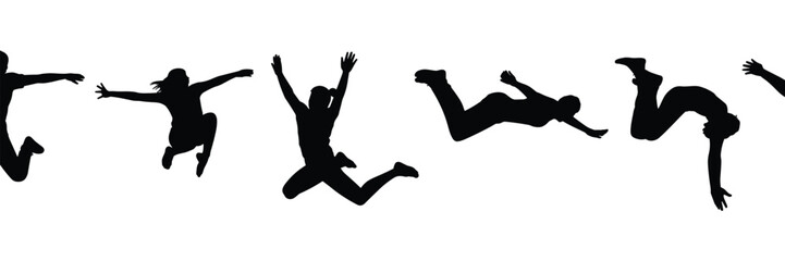 PrintSilhouette of people jumping, energetic action poses, dynamic movement, isolated on white background, perfect for stock image, Adobe Stock use
