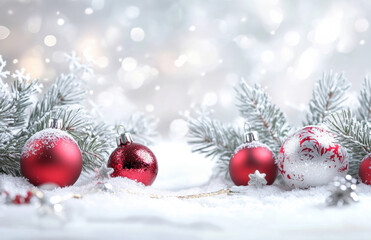 Red and white Christmas ornaments with snowy pine branches on festive background