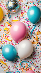 Colorful balloons and confetti on a festive background for celebration