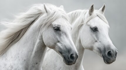 Obraz premium Majestic white horses standing side by side in a serene landscape under soft light