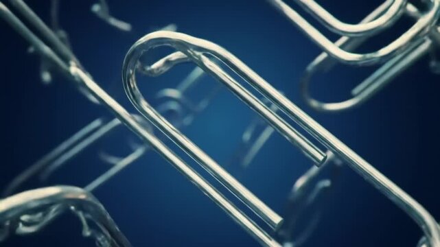 Loop of paper clips linking and unlinking in fluid metallic animation.
