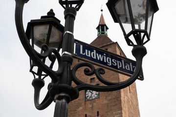 Street Sign Ludwigsplatz With Street Lamp In Nuremberg, Germany.